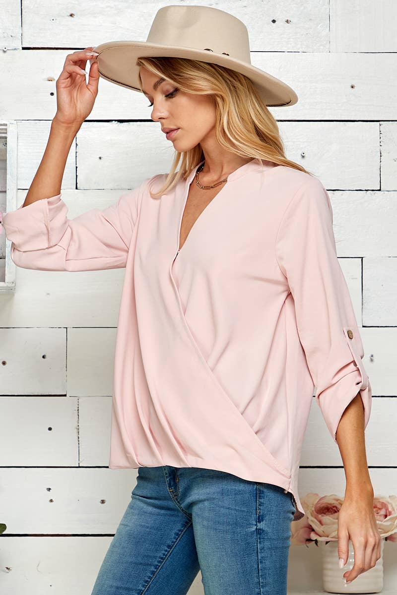 SP4732T-24926 - WOMEN SOLID WRAP CROSSOVER BLOUSE