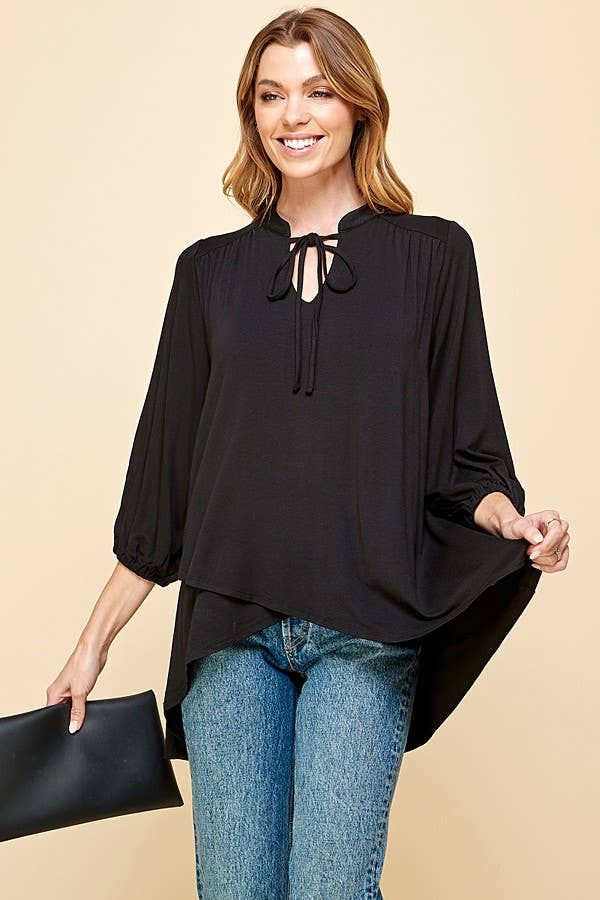 ST4061 - WOMEN SOLID COLLAR BAND WRAP TOP WITH TIE LACES