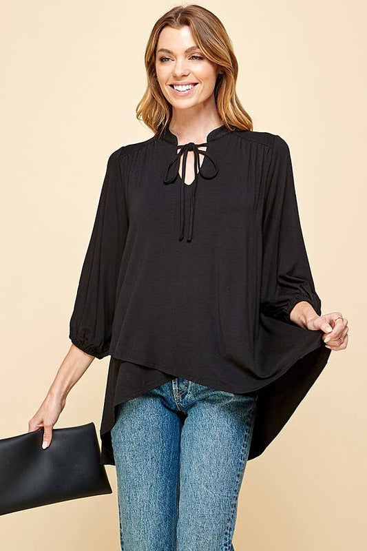 ST4061 - WOMEN SOLID COLLAR BAND WRAP TOP WITH TIE LACES