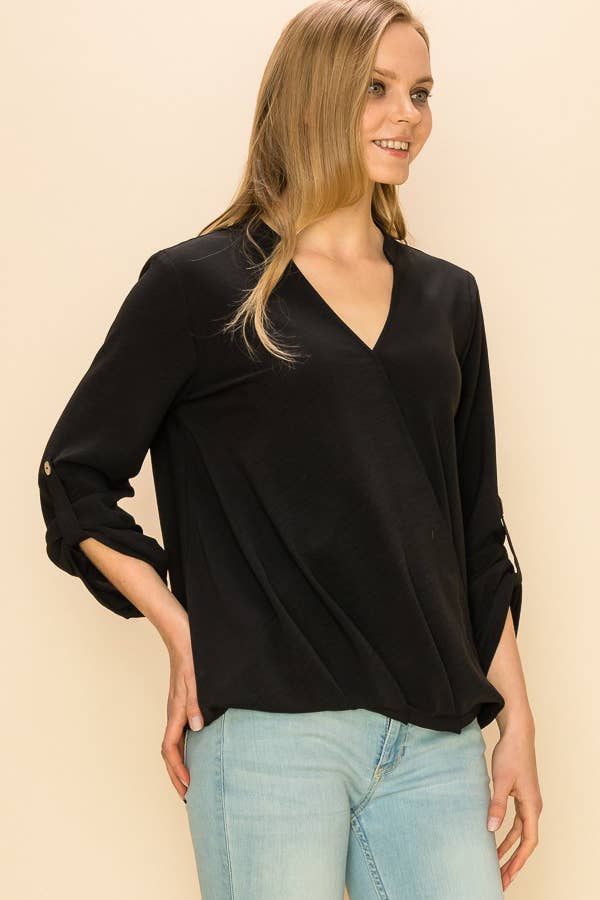 SP4732T-24156 - WOMEN FAUX WRAP BAND COLLAR BLOUSE