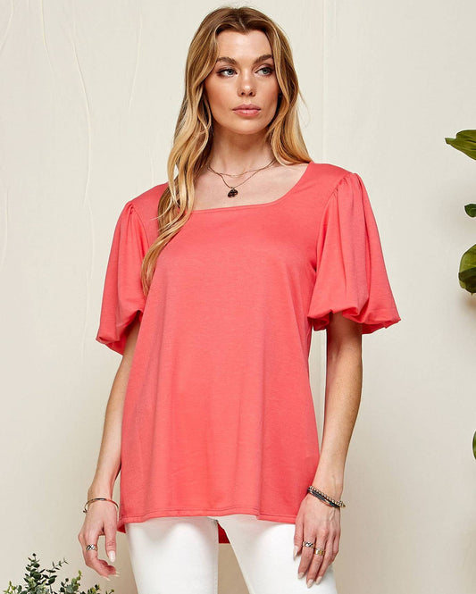 WOMEN PUFF SHORT SLEEVE SQUARE NECK TOP