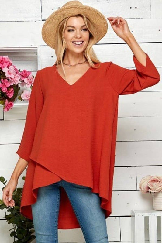 WOMEN V-NECK 3/4 SLEEVE HI-LOW BLOUSE RUST
