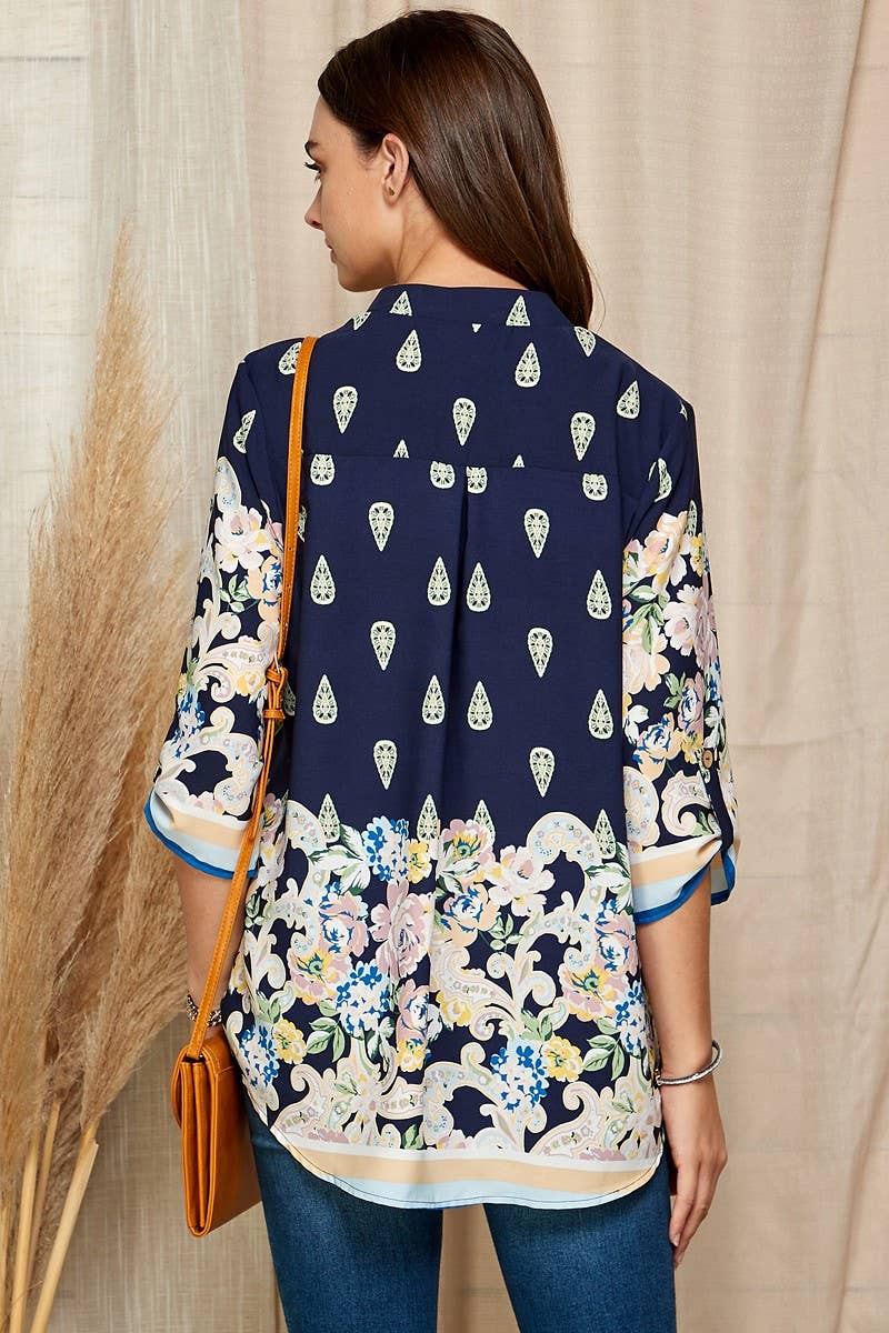 WOMEN MULTI FLORAL COLLAR ROLL UP SLEEVE TOP