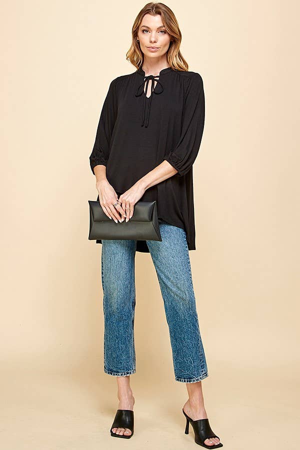 ST4061 - WOMEN SOLID COLLAR BAND WRAP TOP WITH TIE LACES