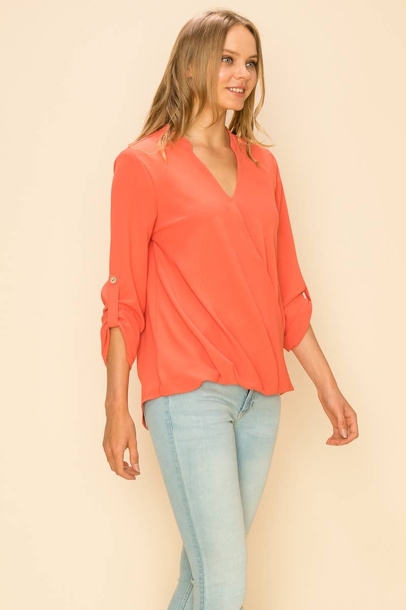 SP4732T-24156 - WOMEN FAUX WRAP BAND COLLAR BLOUSE