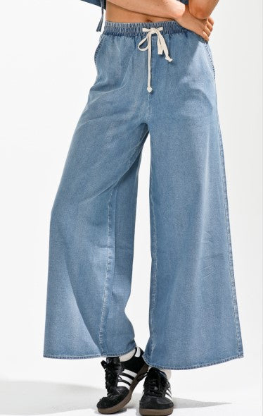 Elastic waist denim wide pants