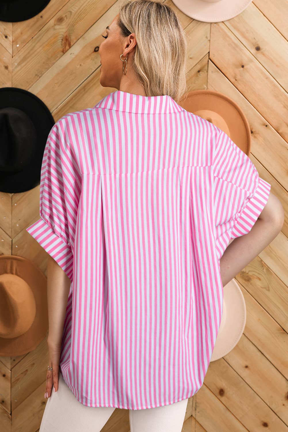 Women Stripe Print Dolman Half Sleeve Shirt | S-XL