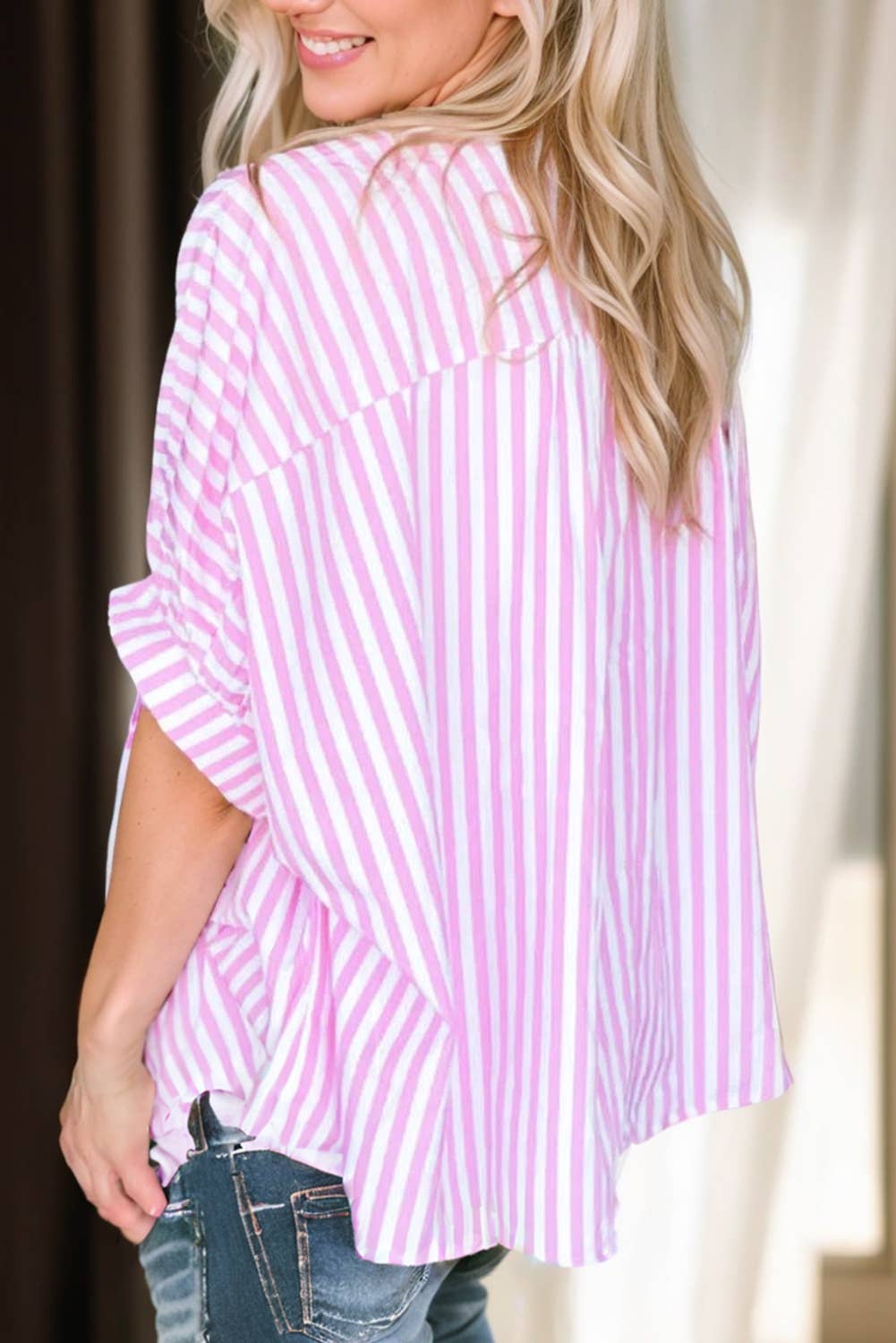 Women Stripe Print Dolman Half Sleeve Shirt | S-XL