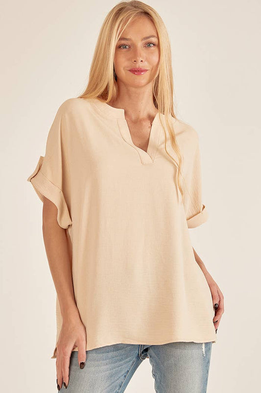 SPT5211 - WOMEN SHORT BUTTON SLEEVE FRONT SLIT LOOSE FIT TOP