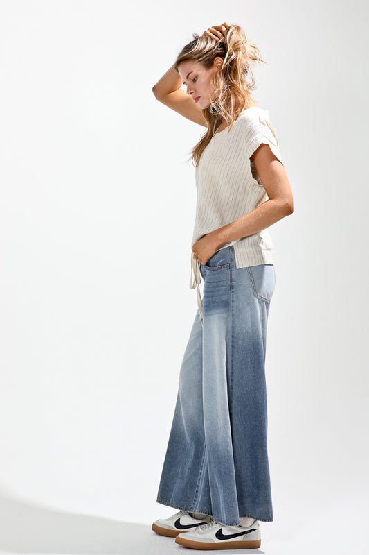 Waist strap included ombre dyed wide denim pants - Light Denim