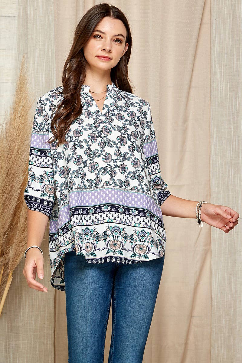 WOMEN MULTI FLORAL COLLAR ROLL UP SLEEVE TOP