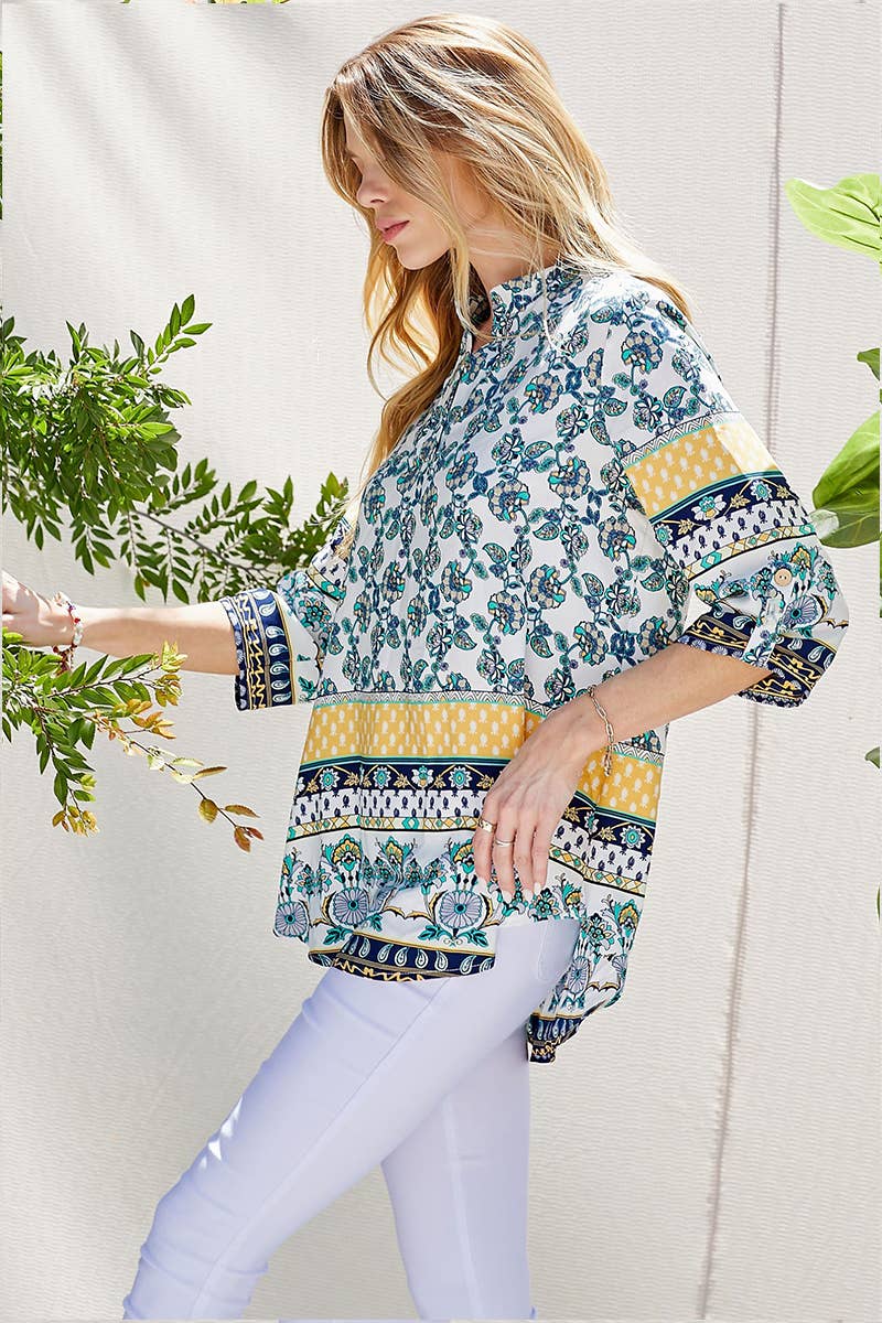 WOMEN MULTI FLORAL COLLAR ROLL UP SLEEVE TOP