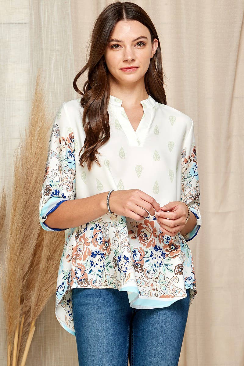 WOMEN MULTI FLORAL COLLAR ROLL UP SLEEVE TOP