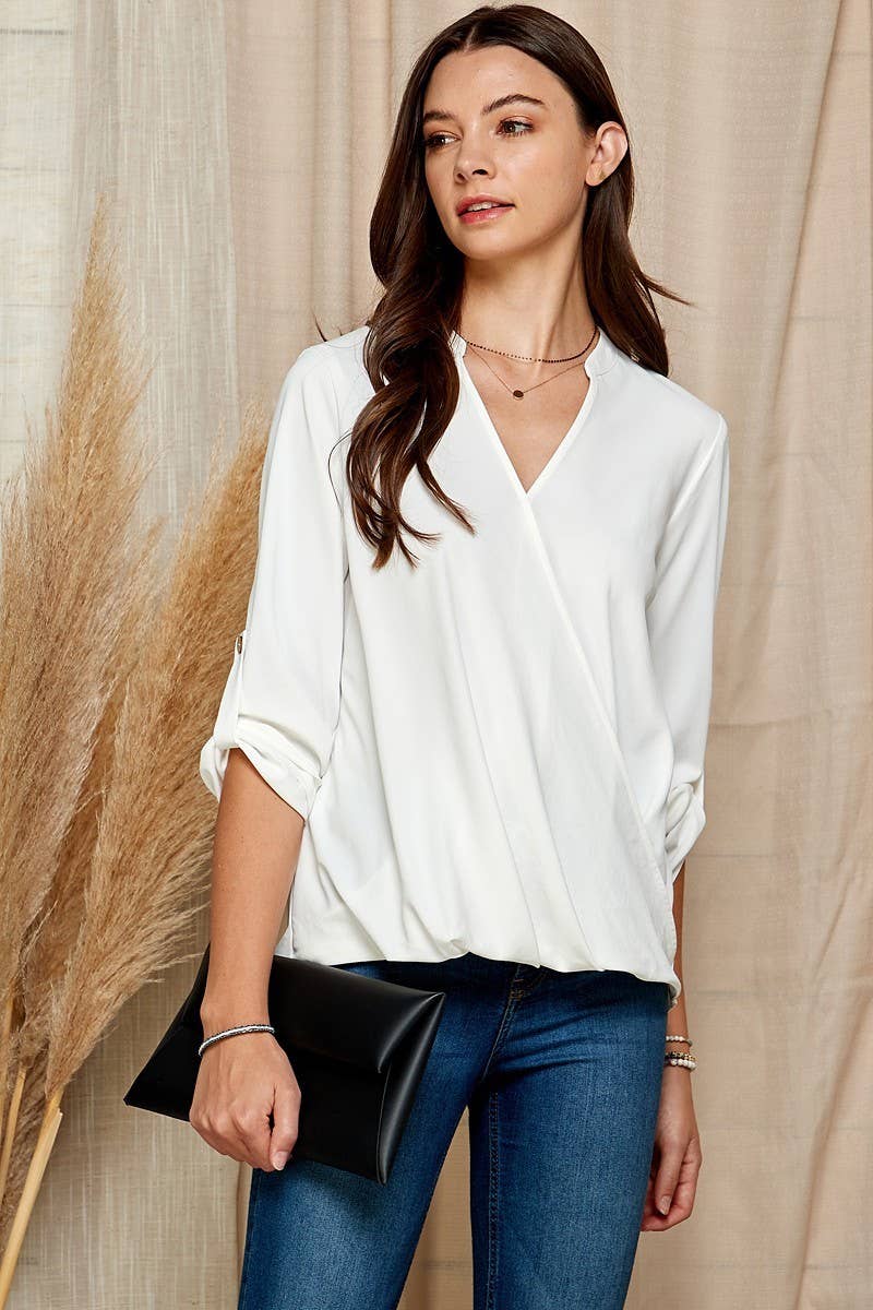 SP4732T-24926 - WOMEN SOLID WRAP CROSSOVER BLOUSE