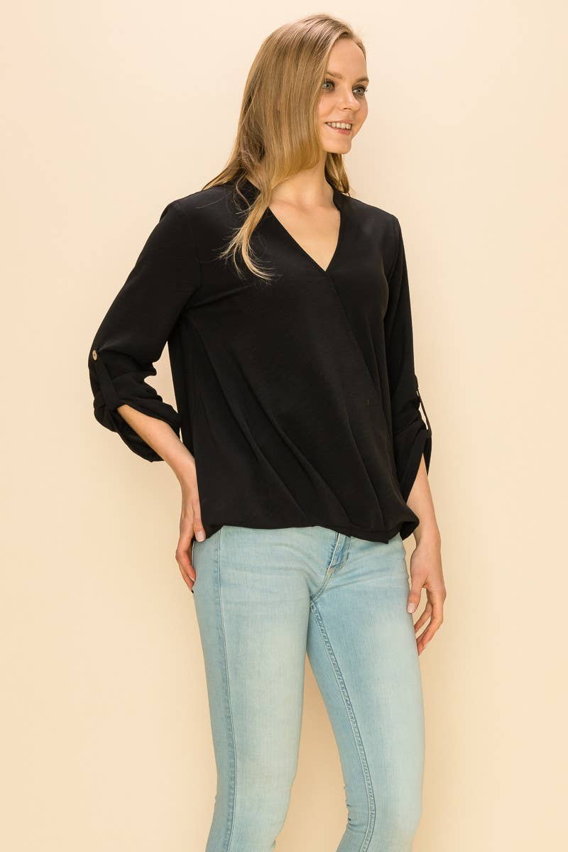 SP4732T-24156 - WOMEN FAUX WRAP BAND COLLAR BLOUSE