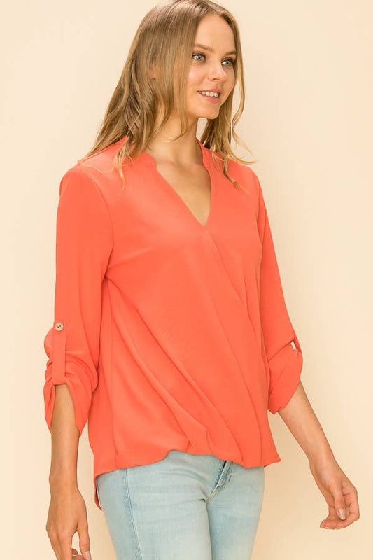SP4732T-24156 - WOMEN FAUX WRAP BAND COLLAR BLOUSE