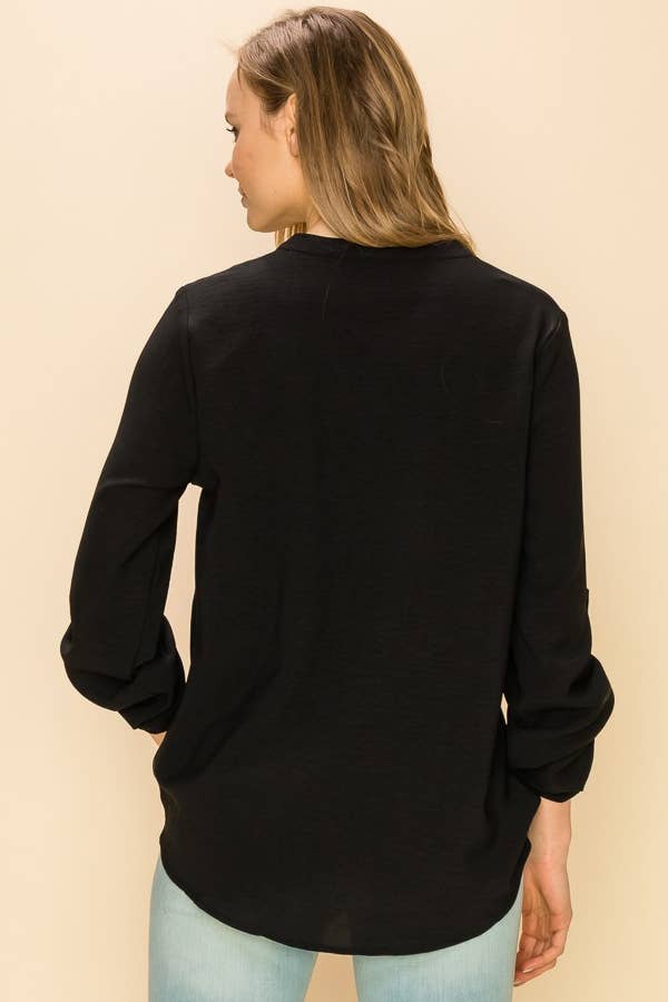 SP4732T-24156 - WOMEN FAUX WRAP BAND COLLAR BLOUSE