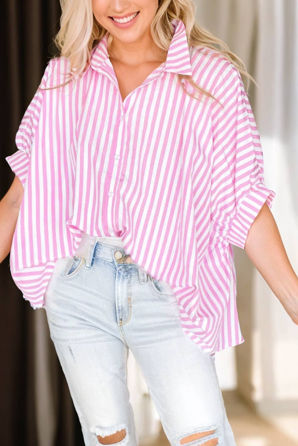 Women Stripe Print Dolman Half Sleeve Shirt | S-XL