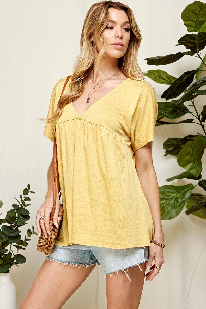 ST21043A - WOMEN SOLID SOFT V NECK BABY DOLL BLOUSE