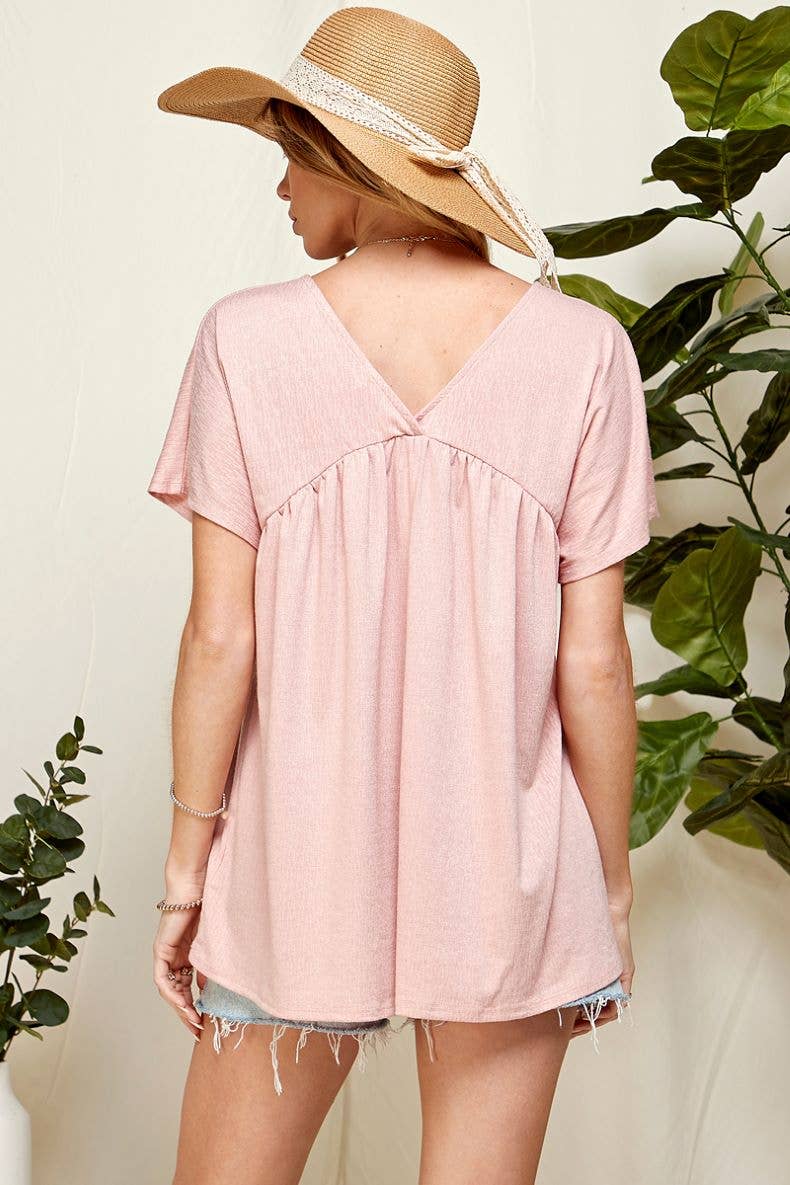 ST21043A - WOMEN SOLID SOFT V NECK BABY DOLL BLOUSE