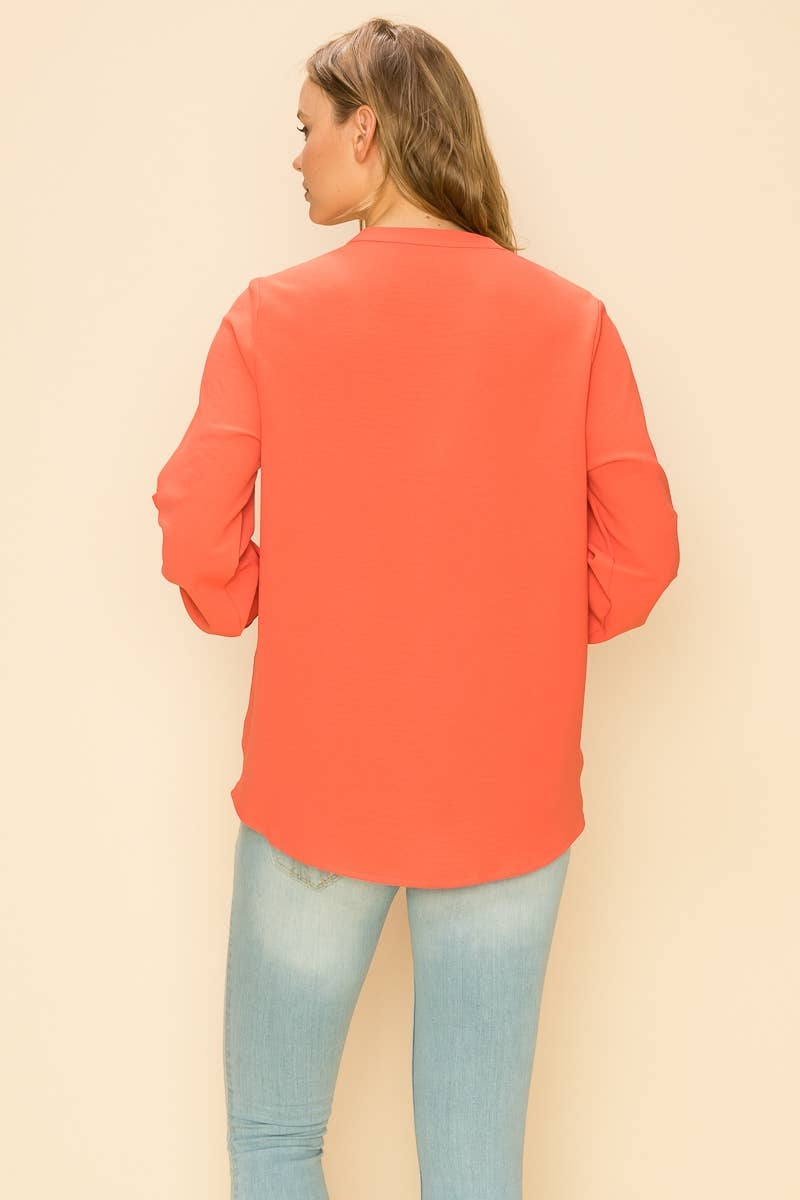 SP4732T-24156 - WOMEN FAUX WRAP BAND COLLAR BLOUSE