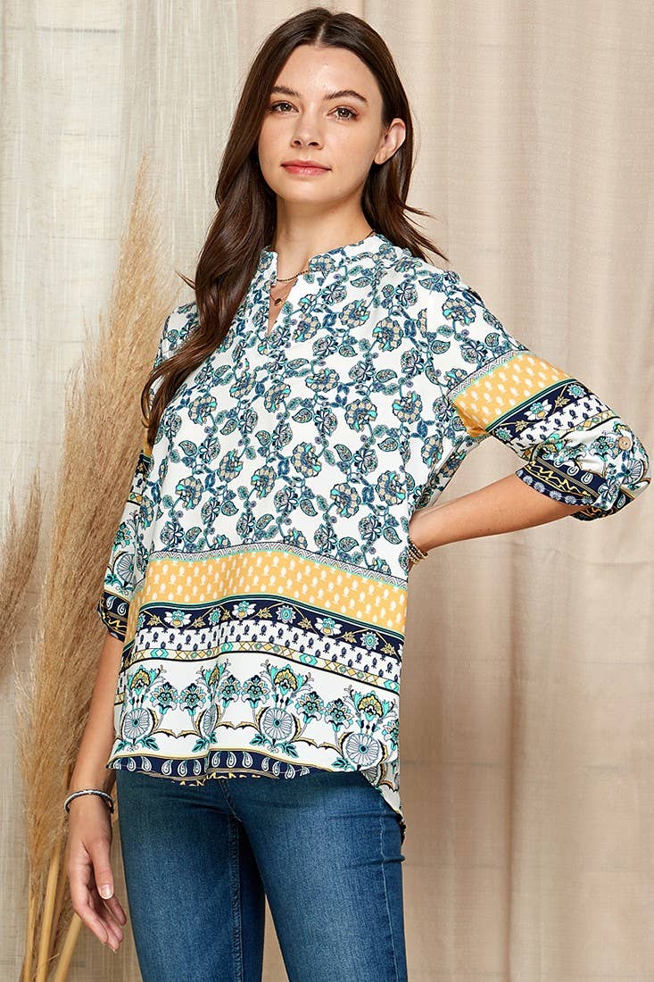 WOMEN MULTI FLORAL COLLAR ROLL UP SLEEVE TOP