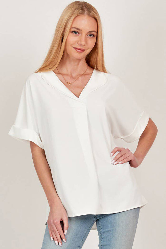 SPT5068. - WOMEN SOLID COLLARED SHORT SLEEVE LOOSE BOXY TOP