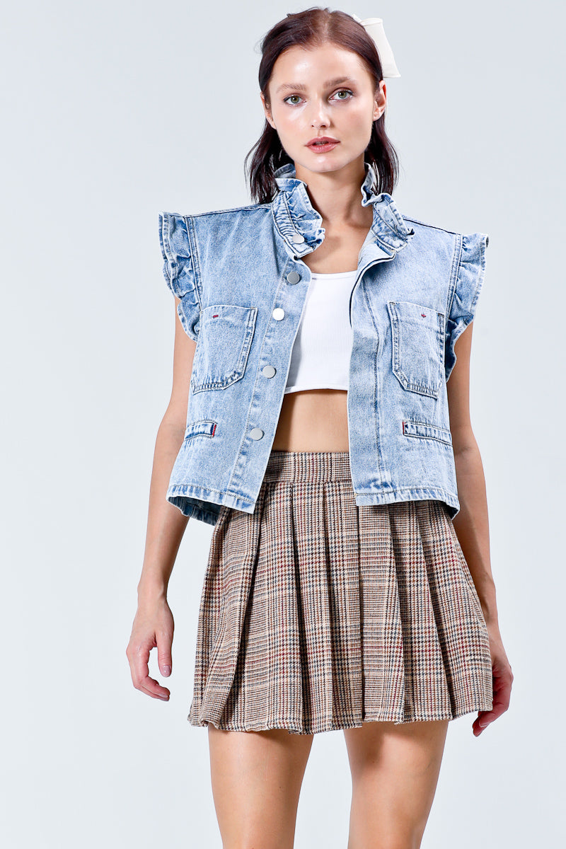 Ruffle hemming detail washed denim vest.- Light Denim