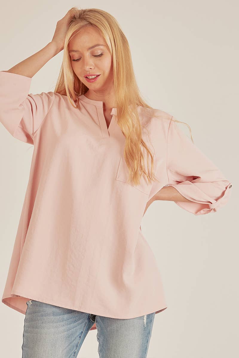 SPT5205. - WOMEN FRONT POCKET SOLID SLIT OPEN LOOSE FIT TOP CORAL