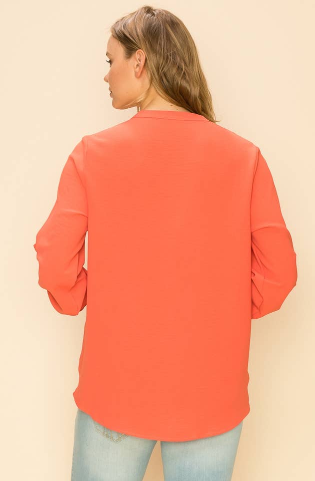SP4732T-24156 - WOMEN FAUX WRAP BAND COLLAR BLOUSE
