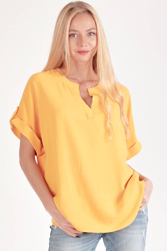 SPT5211 - WOMEN SHORT BUTTON SLEEVE FRONT SLIT LOOSE FIT TOP