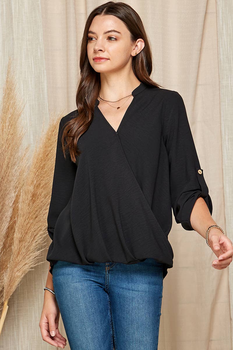 SP4732T-24926 - WOMEN SOLID WRAP CROSSOVER BLOUSE