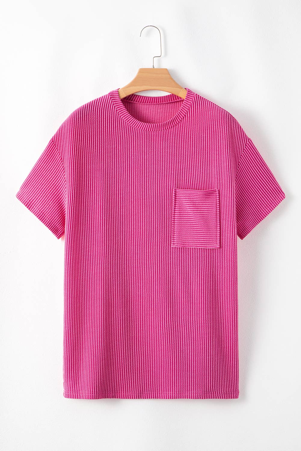 Women Solid Rib Chest Pocket Loose Fit Round Neck Top | S-XL