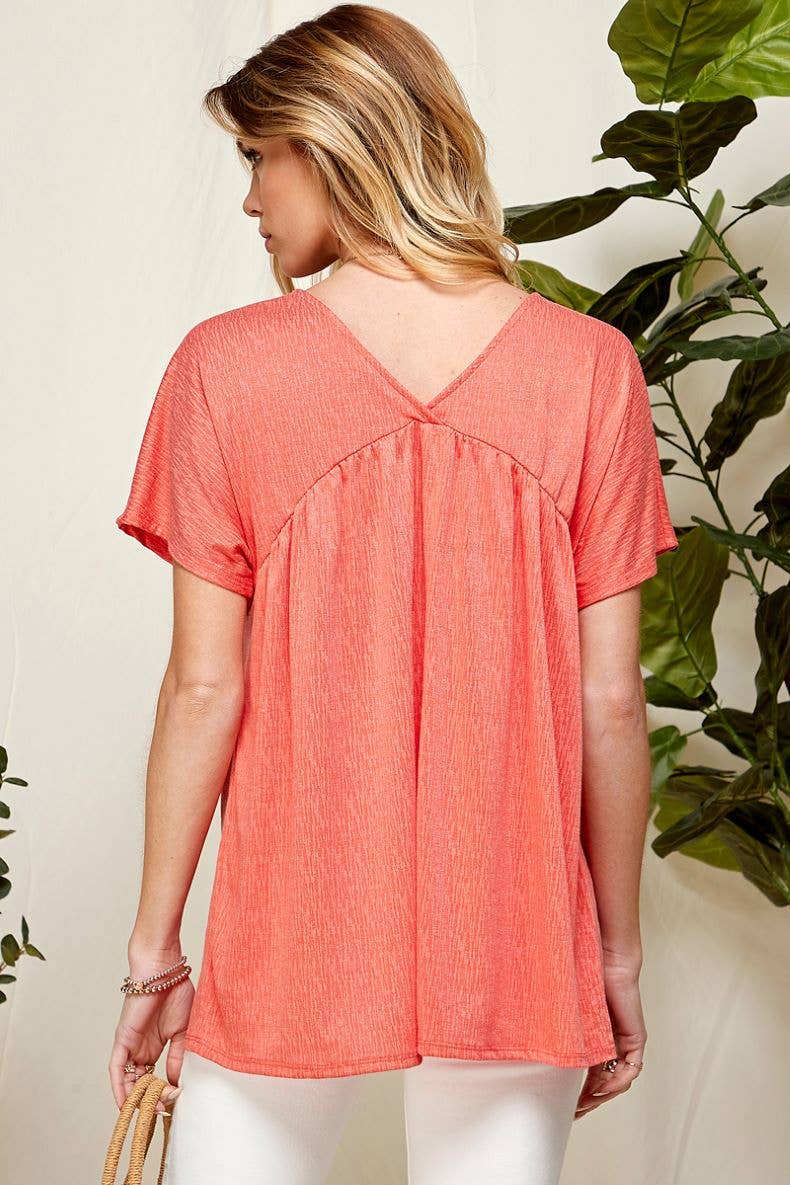 ST21043A - WOMEN SOLID SOFT V NECK BABY DOLL BLOUSE