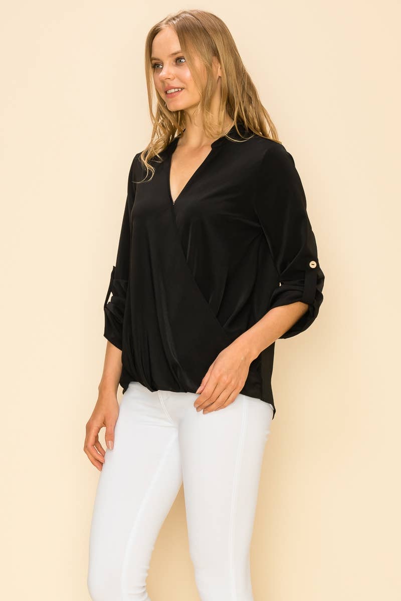 SP4732T-24156 - WOMEN FAUX WRAP BAND COLLAR BLOUSE