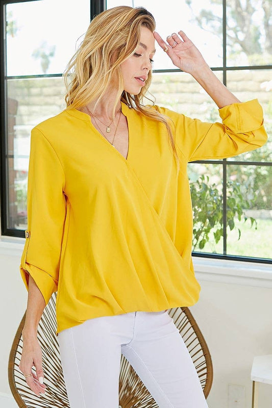 SP4732T-24926 - WOMEN SOLID WRAP CROSSOVER BLOUSE