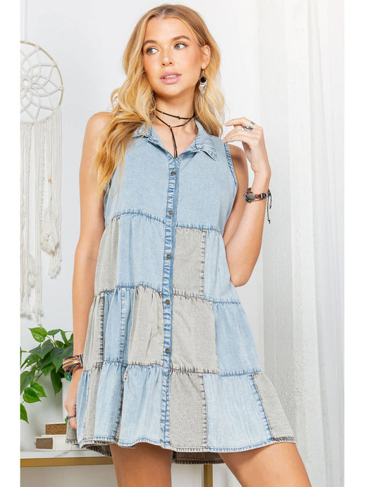 Groovy Blues: Tiered Denim Patchwork Shirt Top