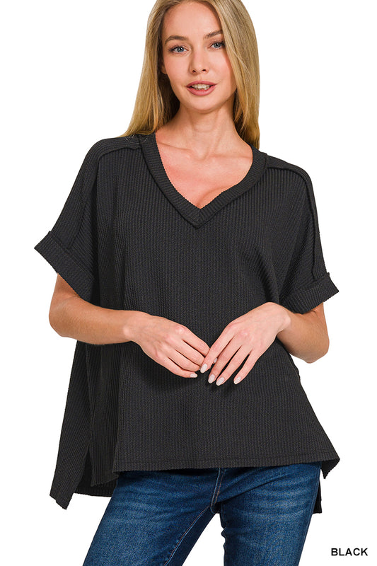 CORDED RIB SHORT SLEEVE HI-LOW V NECK TOP