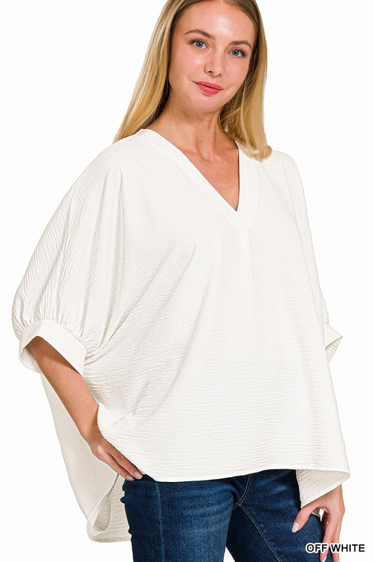 WHITE WOVEN AIRFLOW V-NECK PUFF HALF SLEEVE TOP
