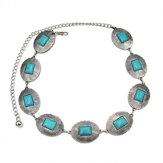 Western Fashion Turquoise Concho Oval Disc Chain Belt-SILVER