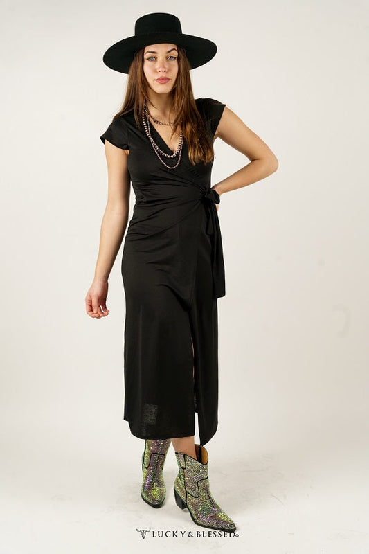 Black Cross Wrap Dress W V Neckline