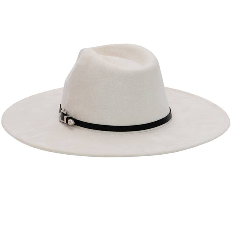 Western Buckle Belt Faux Nubuck Suede Wide Rancher Hat-Beige