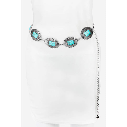 Western Fashion Turquoise Concho Oval Disc Chain Belt-SILVER