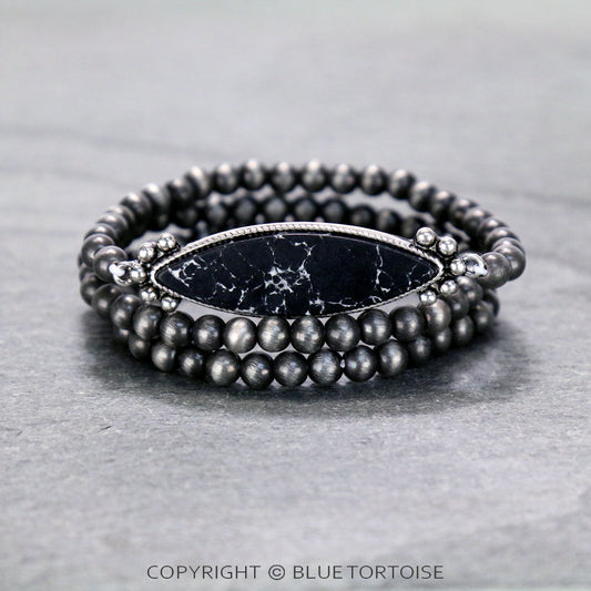 Navajo Style Pearl with Stone Stackable Stretch Bracelet