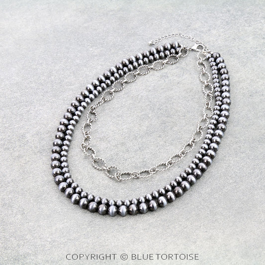 3Row Navajo Style Pearl & Chain Necklace