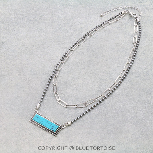 2 Row Navajo Style Pearl with Stone Bar Necklace