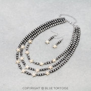 3 Layered Navajo Style Pearl w/ Star Stone Necklace Set