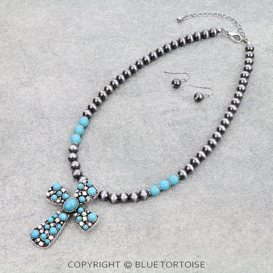 Western Cross with Stone Necklace Set