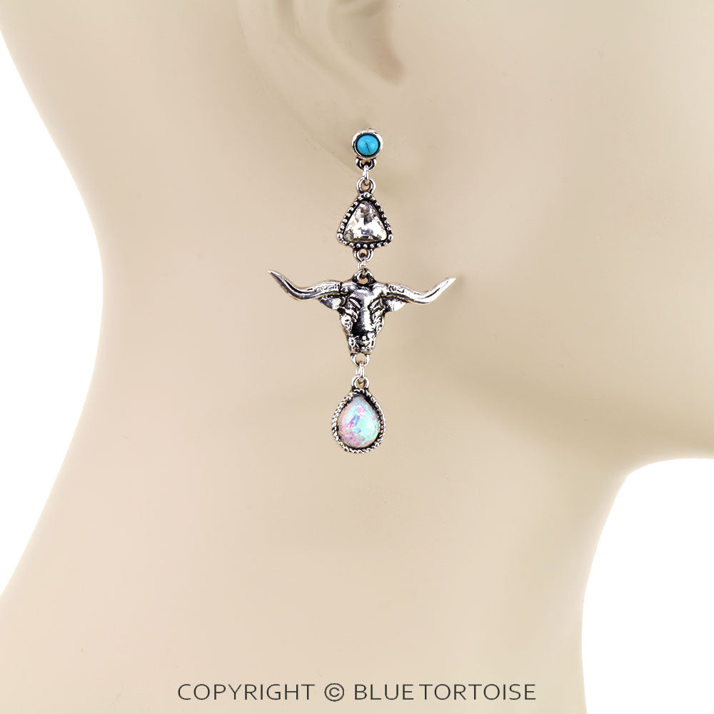 Western Steer Skull Opal Stone Stud Earrings