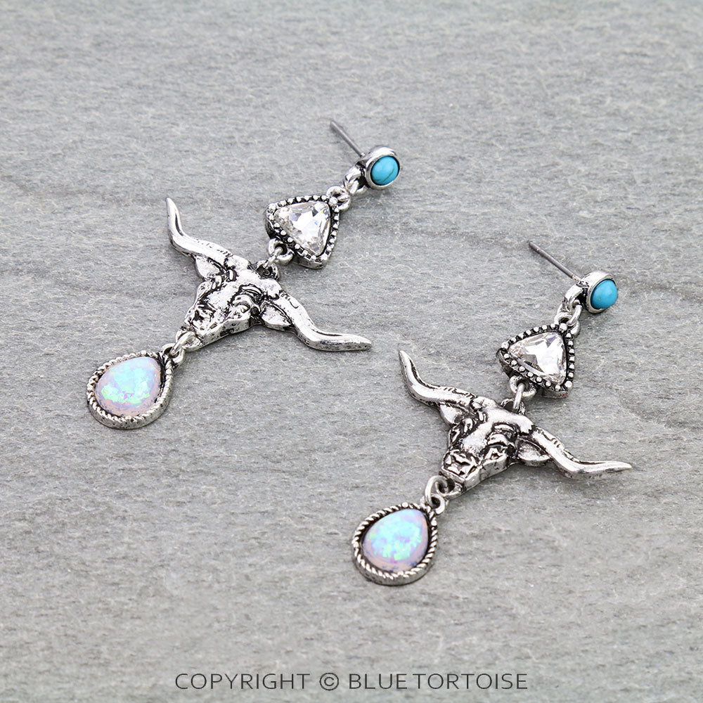 Western Steer Skull Opal Stone Stud Earrings